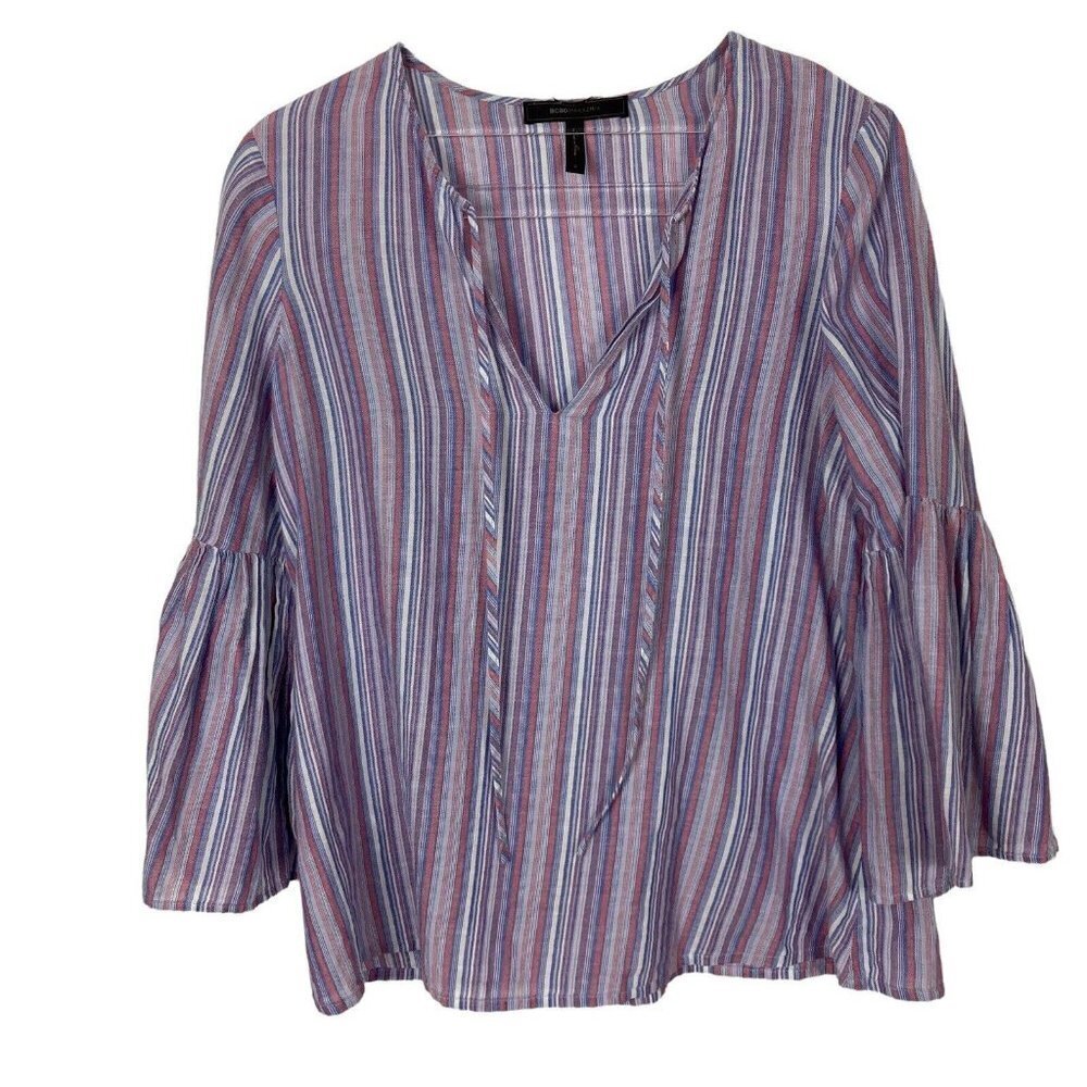 BCBG Maxazria Top Womens Small Blue Red Stripe Flare Sleeve Boho Blouse